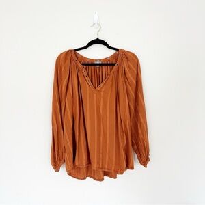 Aerie Rust Orange Striped V-Neck Peasant Blouse Large Balloon Sleeve Lagenlook